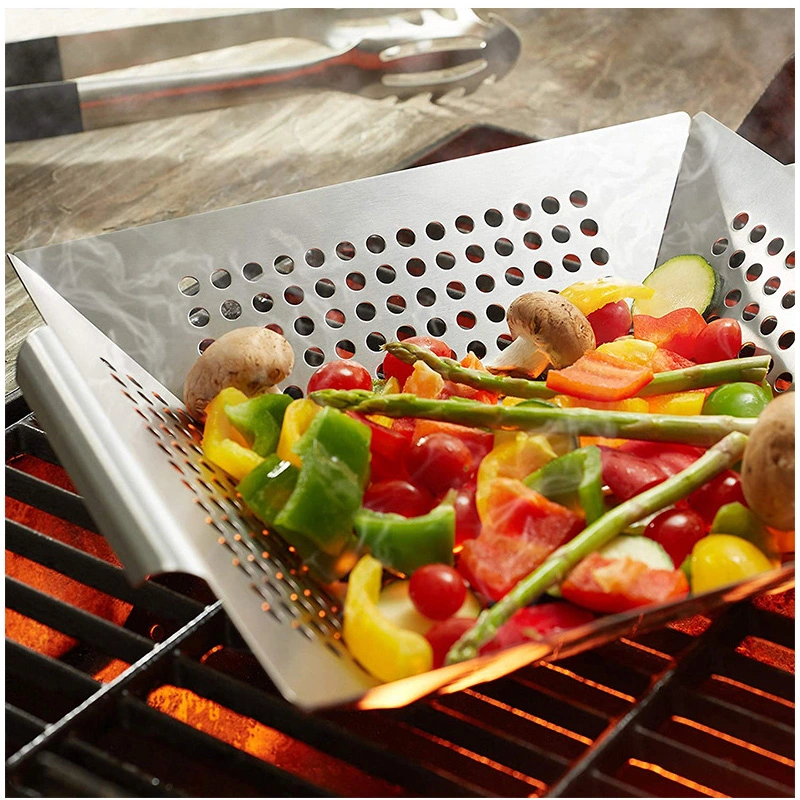 Vegetable Grilling Basket Stainless Steel Pure Grill BBQ Vegetable Grilling Basket Stainless Steel Barbecue Pan Tray Esg15738